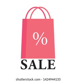 Pink paper shopping bag discount Sale. Special offer discount sale, shopping bag icon. Pink color shopping bag percent discount.