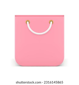 Pink paper shopping bag fashion boutique sale discount purchase package 3d icon realistic vector illustration. Store shop clearance pack with handles for goods purchasing carrying commercial retail