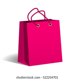 Pink paper shopping bag. Packaging of goods in the store. Shopping and sales. Vector Image.