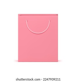 Pink paper shopping bag premium package store sale discount special offer 3d icon realistic vector illustration. Shop purchase goods buying pack with handles for comfortable carrying side view