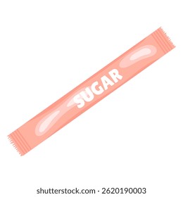 Rosa Papierstab mit Zucker in flachem Design. Süßes weißes Pulver in Packung. Vektorgrafik einzeln.
