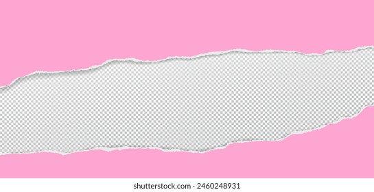 Pink paper strips with torn edge and soft shadow is on squared background for text or ad. Vector illustration.