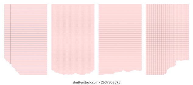 Pink paper templates with torn edges. Set of lined, grid, dot blank pages with rough edges.