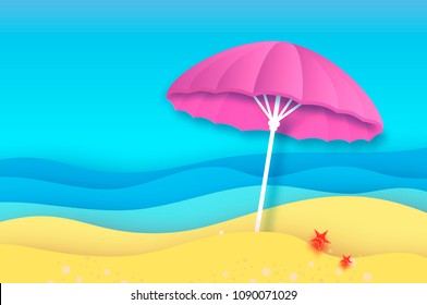 Pink parasol in paper cut style. Origami Empty sea and beach background with copy space