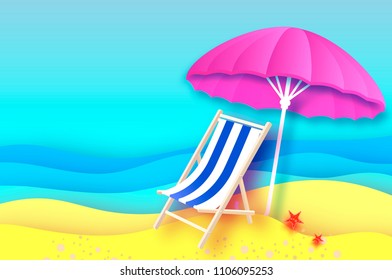 Pink parasol - umbrella in paper cut style. Blue Chaise lounge. Origami sea and beach. Vacation and travel concept.