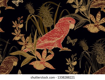 Pink parrot, pineapple, flowers orchid and butterfly. Seamless pattern. Gold foil, black. Vector illustration. Template for textiles, paper, wallpaper, Hawaiian shirts. Nature style. Vintage engraving