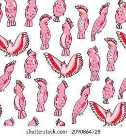 Pink parrots, kakadu, animals vector fashion seamless pattern isolated on bright background. Concept for wallpapers, cards
