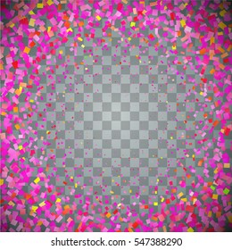 Pink particles, Valentine's day background. Frame with transparency for Valentine's day. Happy Valentine's Day lettering greeting card.