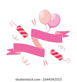 Illustration de ballons de fête roses, bannière ruban et pétards