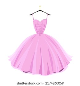 Pink party dress on hanger. Elegant womens wear for party and wedding trendy cut with puffy pleats and vector corset