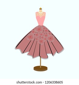 Pink party dress on mannequin. Prom dress. Vector of ball gown on mannequin.