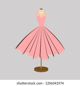 Pink party dress on mannequin. Prom dress. Vector of all gown on mannequin.