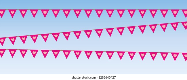 pink party flags with heart pattern on blue sky vector illustration EPS10