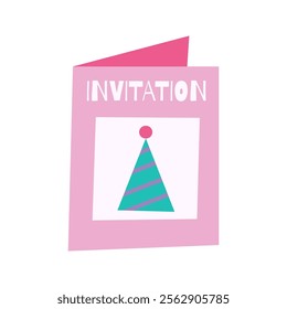 A pink party invitation card with a hat design on the cover. Essential for event announcements.