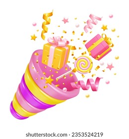 Pink party popper. Confetti ang gift boxes popping from firework with explosion. Bright 3d realistic design element for birthday celebration, holiday greeting, victory concept. Vector illustration