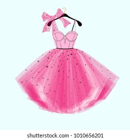 Pink party prom dress with bow. Fashion illustration for invitation card