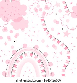Pink Party rainbow with clouds, buntings and confetti vector seamless pattern. Pastel digital watercolor bow decorative doodle background. Cute festal happy baby girl birthday backdrop.