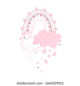 Pink Party rainbow with clouds and confetti illustration. Pastel digital watercolor bow decorative doodle isolated on white. Childish drawing for baby girl party design.