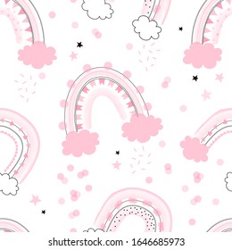 Pink Party rainbow with clouds and confetti vector seamless pattern. Pastel digital watercolor bow decorative doodle background. Cute festal happy baby girl birthday backdrop.