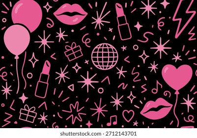 Patrón transparente de fiesta rosa con labios, lápiz labial, globos, corazones, estrellas, bolas de discoteca y regalos sobre fondo negro, diseño festivo de celebración femenina. Ilustración vectorial.