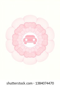 Pink passport money rosette with car seen from front icon inside