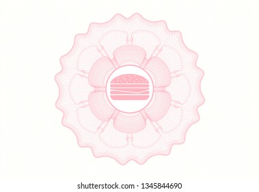 Pink passport money rosette with cheeseburger icon inside