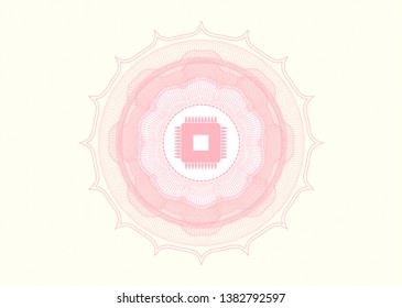 Pink passport money rosette with microchip, microprocessor icon inside