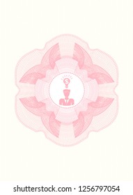 Pink passport money style rosette with business idea icon inside