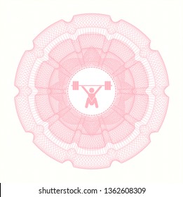 Pink passport money style rosette with snatch, weightlifting icon inside