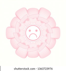 Pink passport money style rosette with sad face icon inside