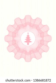 Pink passport money style rosette with christmas tree icon inside