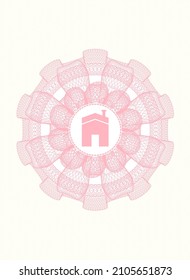 Pink passport money style rosette. with house icon inside