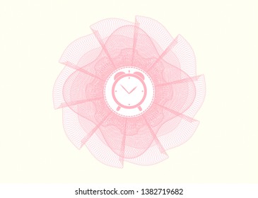 Pink passport rosette with alarm clock icon inside