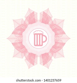 Pink passport rosette with beer jar icon inside