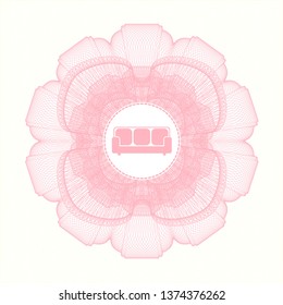 Pink passport rosette with couch icon inside