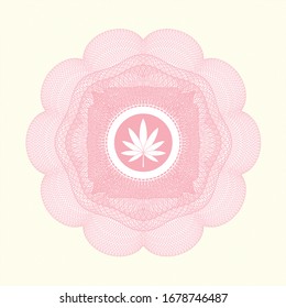 Pink passport rosette with marijuana leaf icon inside