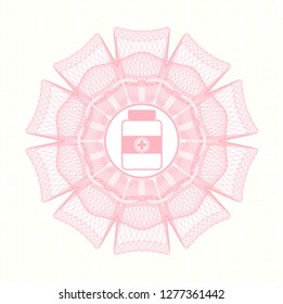Pink passport rosette with medicine bottle icon inside