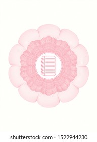 Pink passport rosette with note book icon inside