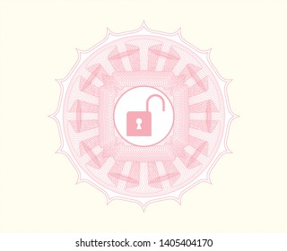 Pink passport rosette with open lock icon inside