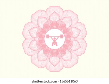 Pink passport rosette with snatch, weightlifting icon inside