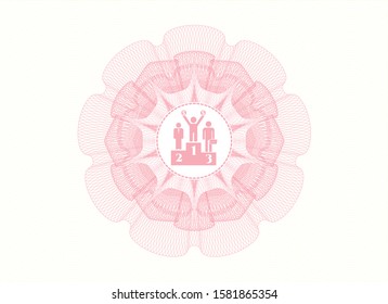 Pink passport style rosette with business competition, podium icon inside