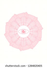 Pink passport style rosette with eye icon inside