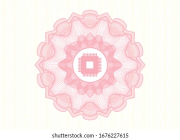 Pink passport style rosette with microchip, microprocessor icon inside