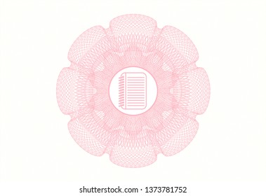 Pink passport style rosette with note book icon inside