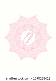 Pink passport style rosette with paper clip icon inside