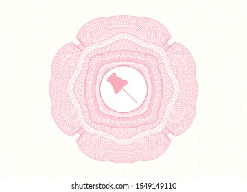 Pink passport style rosette with paper pin icon inside