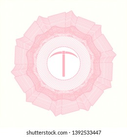 Pink passport style rosette with pickaxe icon inside