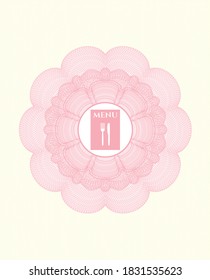 Pink passport style rosette. with restaurant menu icon inside