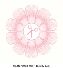 Pink passport style rosette with scissors icon inside