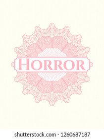 Pink passport style rosette with text Horror inside